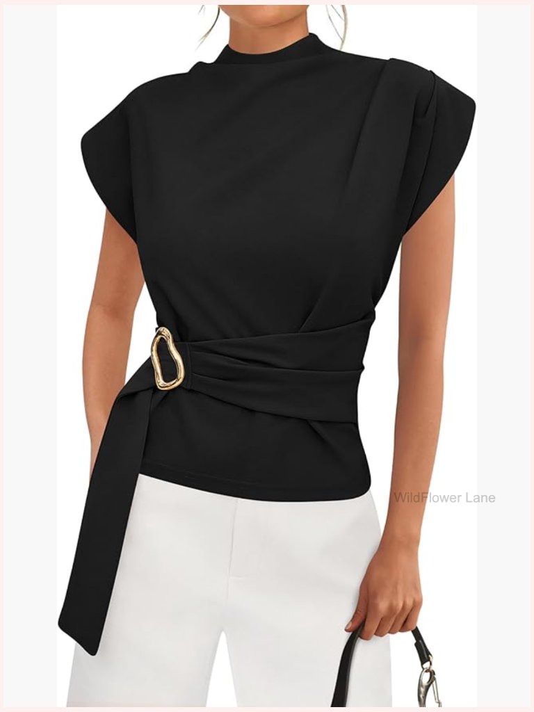 Women Mock Neck Cap Sleeve Buckle Tunic Blouse